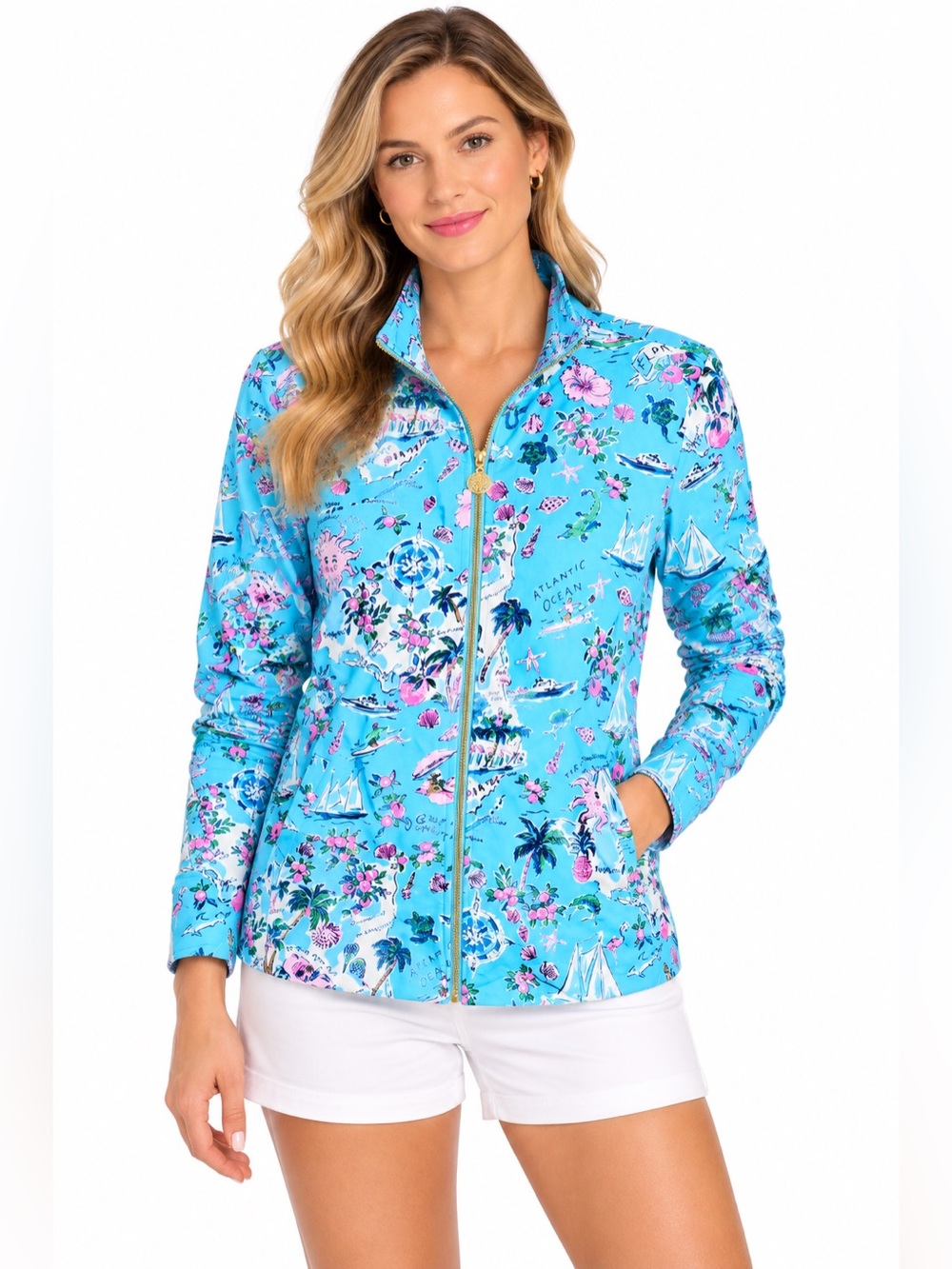 Lilly Pulitzer Amalfi Blue Jacket Womens Large Lillys Road Trip NWT Full Zip